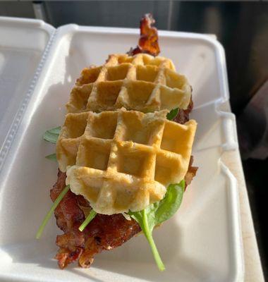 Our Horsepower waffle ( bacon egg spinach and horseradish)