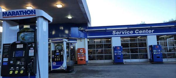 A wide angle of pumps and bays.