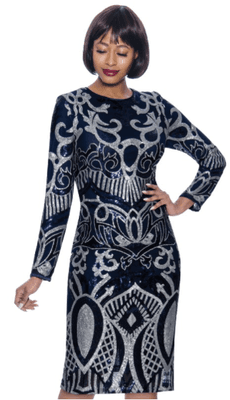 Terramina #7942. Color: Navy and Gold. 1pc Novelty L/S Women's Dress w/Sequin Pattern Design. Size: 8-26.