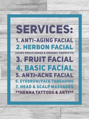 List of Rana's services -- set up an appointment today!