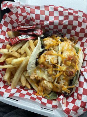 Shrimp Tacos w/ mango salsa and fries