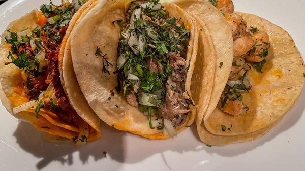 Camarones Taco; Taco suadero; and taco al pastor. $3-3.50 each