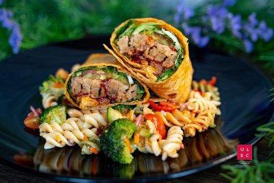 Vegan BBQ chik'n Wrap and pasta salad