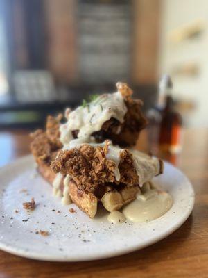 Chicken and waffles with rosemary bacon gravy