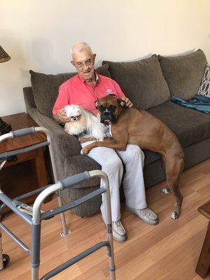 My Dad with Kenzie, miniature Shih Tzu and Mya a 5 yr old Boxer.  Just after getting groomed at Love Of Fur!!