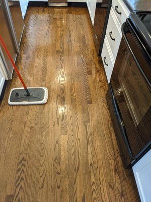 All natural floor polishing!  You can see the shine at the top compared to what has yet to be done!