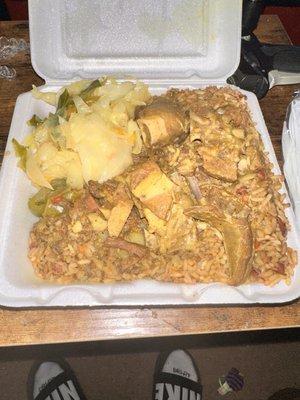 Curried Goat Bone and Fat platter with rice and peas and cabbage