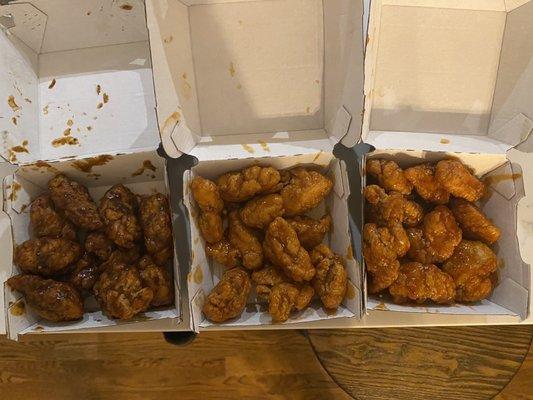 30 boneless- l-r caribbean jerk, mango habanero, asian zing. 10 each.