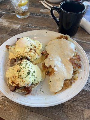 Sausage Benedict with sausage gravy (added to hashbrowns)