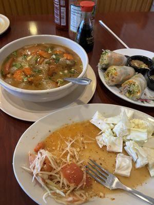 Tom Yum, Thai Papaya Salad, and Fresh Rolls