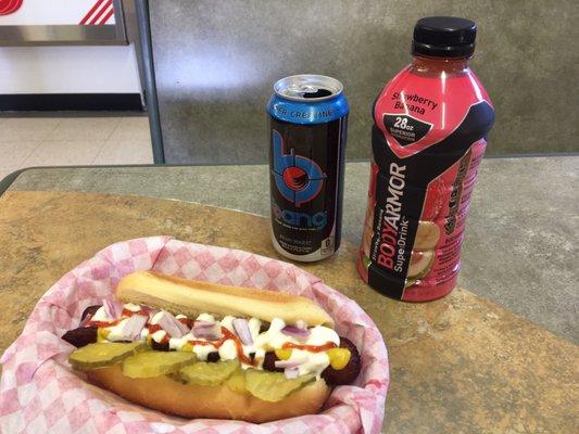 Lunch - polish dog, Bang, Body Armor Strawberry Bannana