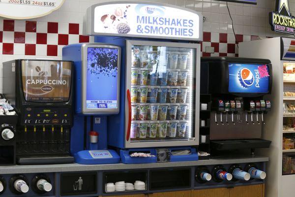 Hot coffee and tea stations, soft drinks, slushy machine, shake machine, and more.