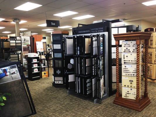 Tile displays and cabinet knob and pull hardware displays at Contract Furnishings Mart Kent, WA