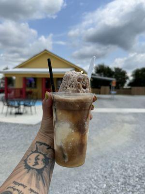 Cappuccino snocone stuffed with vanilla ice cream