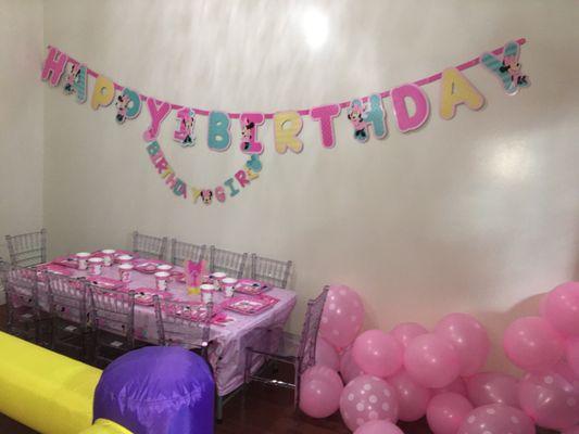 Children table and chair setup for a birthday party.