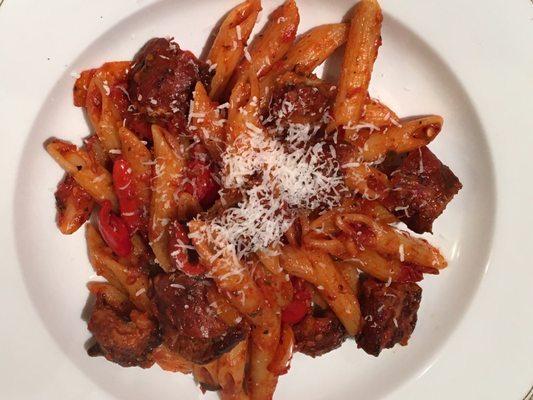 Penne rustico with Italian sausage.