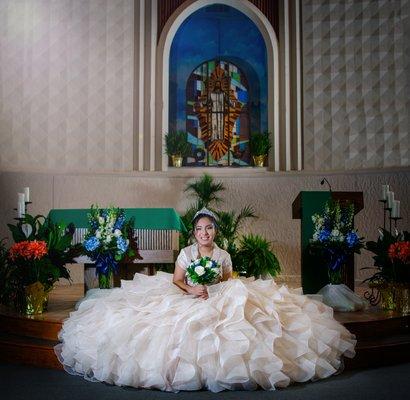 Creative Portrait in Cristo Rey Church on Quinceanera Day in Lansing, MI