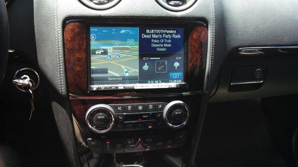 Mercedes GL Alpine 8 in navigation screen custom walnut burl wood trim