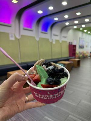 The bright green is the limited edition Sour Swirl froyo. Light green is pistachio, then got cookies and cream and oat milk latte froyo