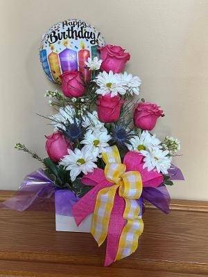 Celebrating You!!! A cheerful birthday arrangement with bows and a balloon!!