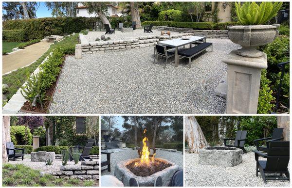 Ageless gravel sitting areas with recycled concrete walls and rustic concrete firepit.