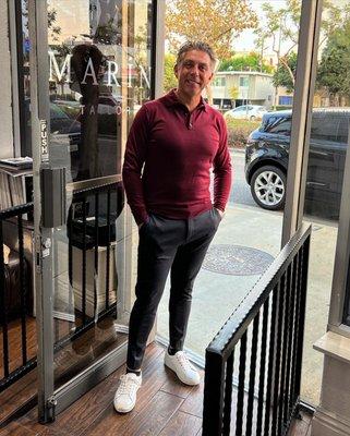 Marin merino wool Long sleeve polo along with Marin white sneakers