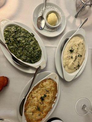 Truffle butter; Creamed Spinach; Garlic Mashed Potatoes; Andouille , Crawfish Mac & Cheese