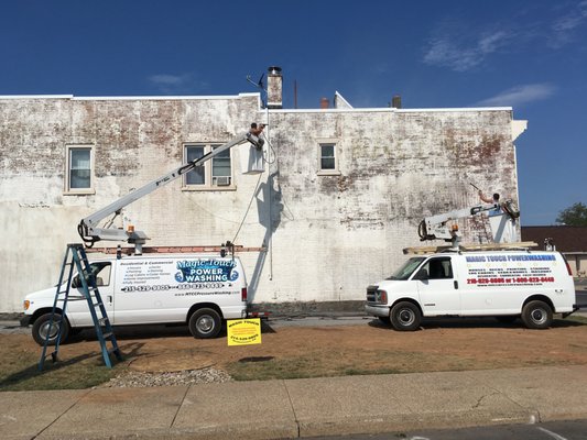 OUR TWO CREWS PREPPING THE BUILDING FOR A MURAL IN DOWNTOWN QUAKERTOWN, PA