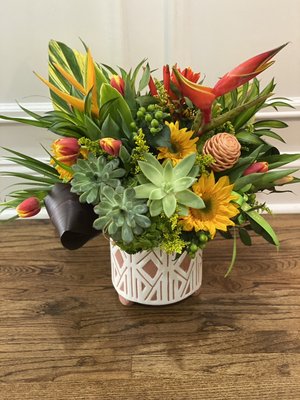 Tropical mix with sunflowers and succulents