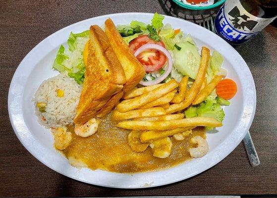 Shrimp with Ranchero Sauce and Fish Fillet Combination Plate Texas Toast French Fries