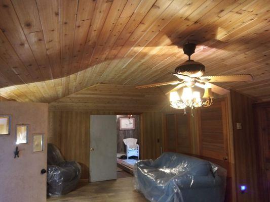 This is a hunting cabin new Hughesville, PA. This room had not 1 pine board in it when we started, and carpet.!!!!