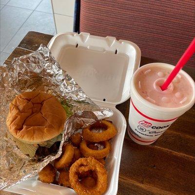 House burger, rings, cheese bites, strawberry shake