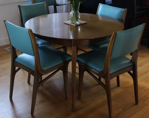 Midcentury dining chairs reupholstered by Len.