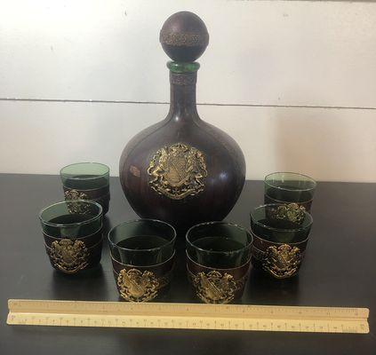 Leather Covered Rum Decanter with 6 glasses