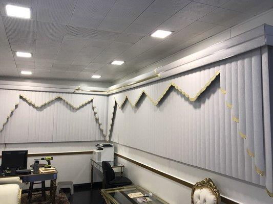 Custom Vertical Blind Swag and Cascade   -Swag and Cascade with Gold Trim