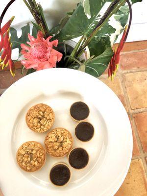 Two flavors of tarts: macadamia nut and chocolate lilikoi