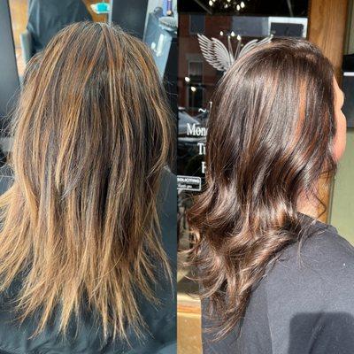 Root touch up with lowlights and tone