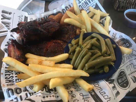 Rib Tips with seasoned green beans, fries and hush puppies!