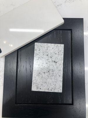 CHOSEN black cabinet sample front view with 2-countertop selections (Aug 2023)