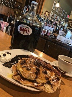 Chocolate chip pancakes served with local maple syrup, yum!