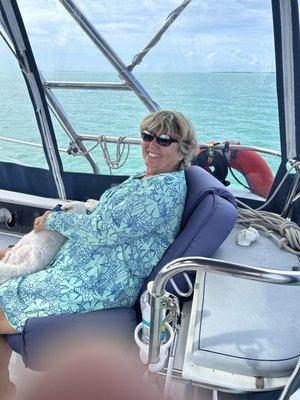 Captain Diane relaxing on the beautiful waters of the Florida Keys 2023