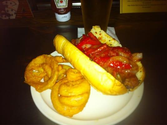 Sausage Sandwich and Onion Rings