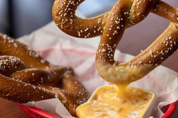 Pretzels with Beer Cheese Dip made on site is a delicious appetizer that goes great with beer.