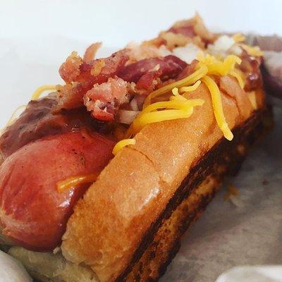 Pop Dog's Chop Dog - All beef frank, chili, cheese, onions and bacon crumbles