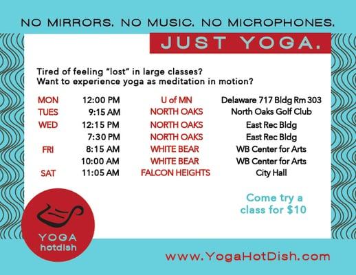 Note: Wed PM North Oaks class now meets at 7pm. Please check website for most current info.  Try a class anywhere $10.