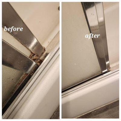 Before and after picture of a bathroom shower wall for a move out home cleaning service!