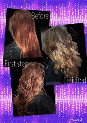 Client wanted to transition from faded cherry cola to heavy blonde highlights.