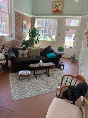 Roomy seating area for social knitting & crocheting