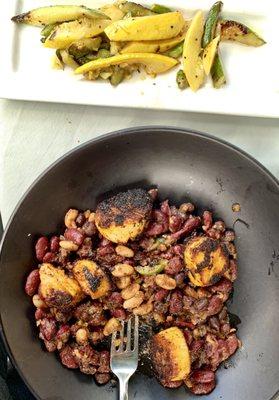 Blackened scallops with beans, asparagus on side