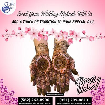 Enhance your special day with traditional beauty!  Book your wedding Mehndi at #StyleInBeautySalonInc